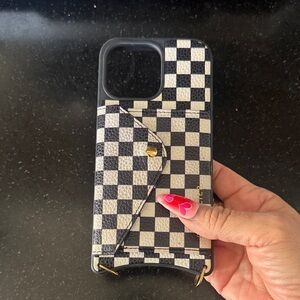 Bandolier Hailey Checkerboard phone case with wallet for iPhone 15 pro max.